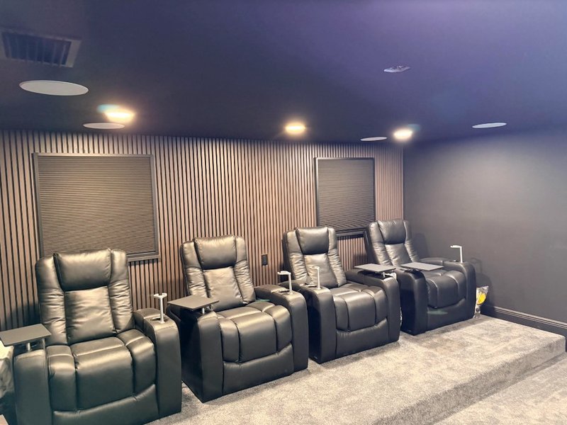 Dedicated home theater with tiered leather recliner seating